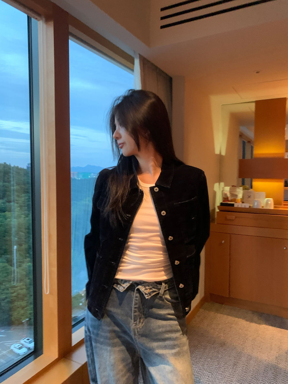 簡約隨性深V領修身彈力棉長袖背心兩件套