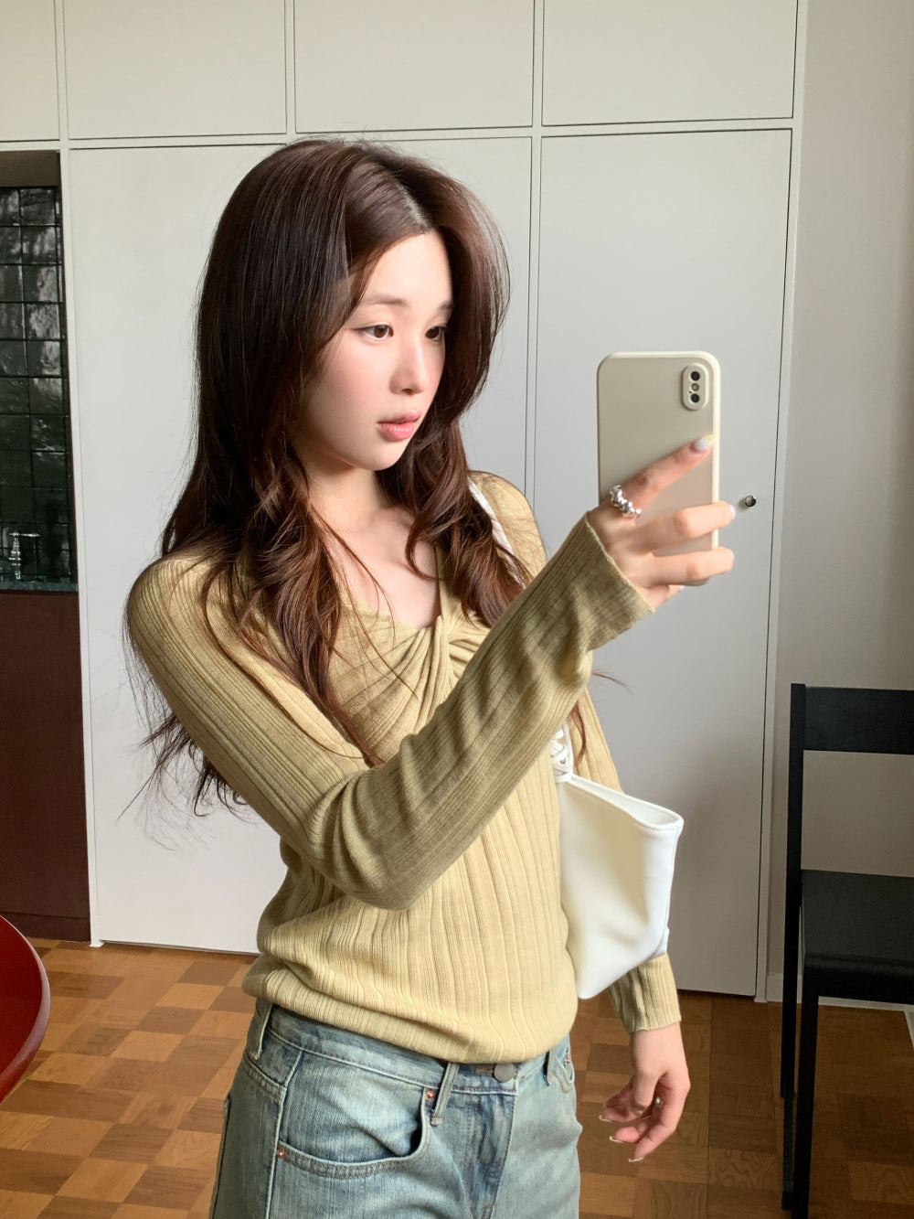 溫柔知性交叉扭結修身坑條針織衫