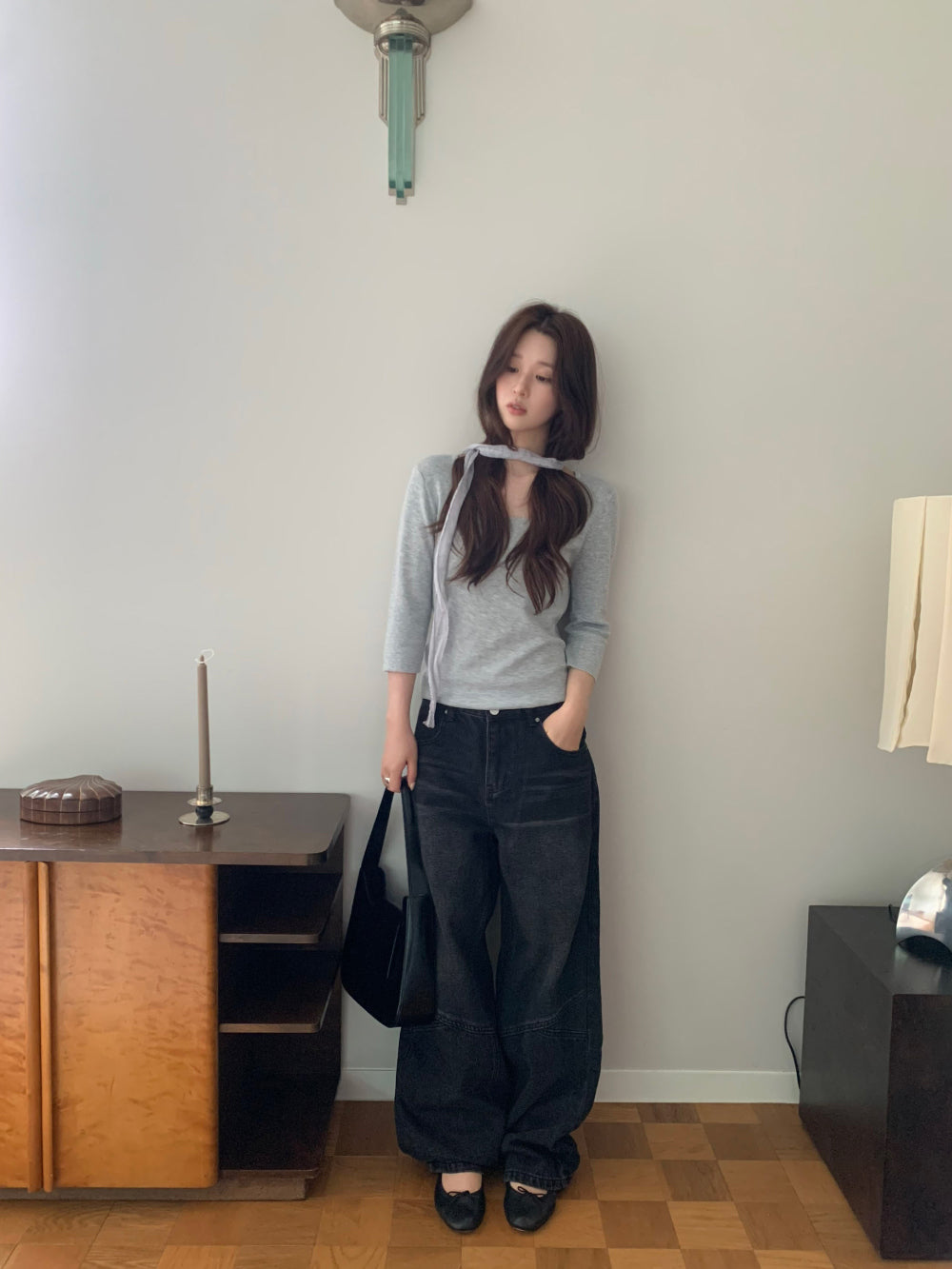 溫柔知性大圓領附圍巾修身七分袖針織衫