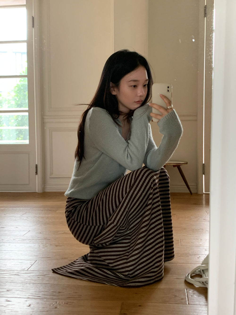 復古經典細條紋後開衩長裙