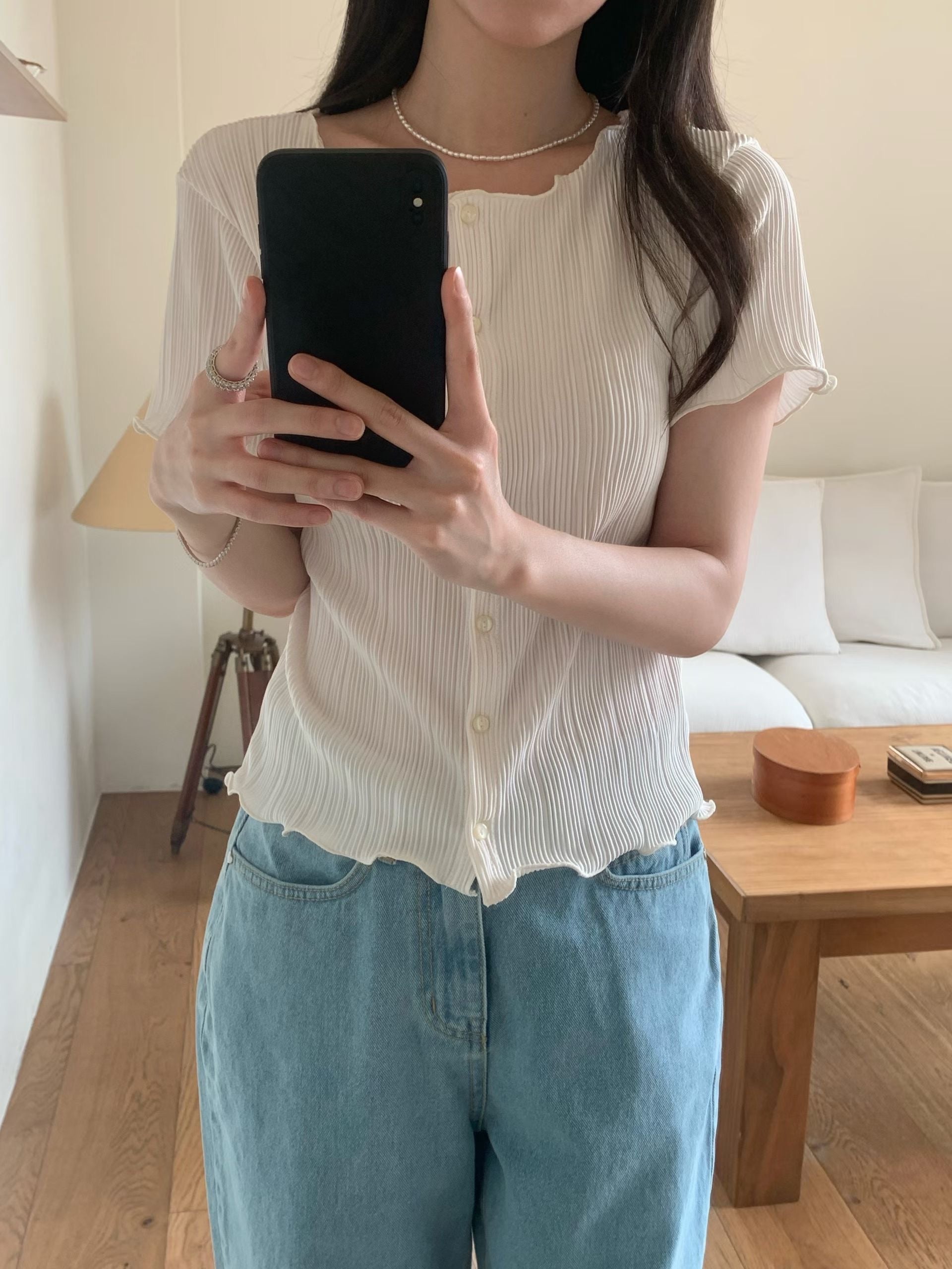紋理捲邊短袖開衫-4