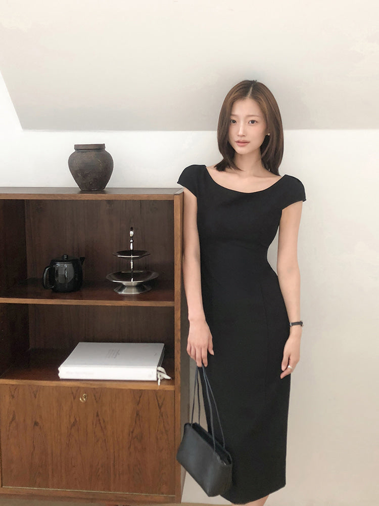 都會優雅U領小蓋袖修身連身長裙