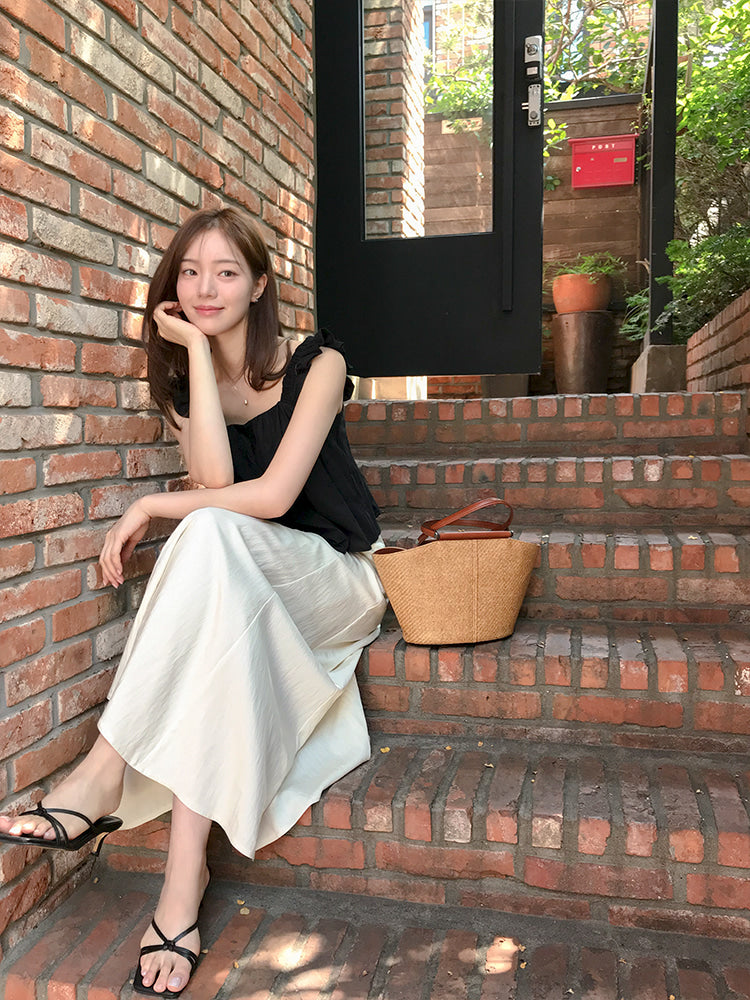 慵懶渡假風後鬆緊舒適垂墜落地長裙-3