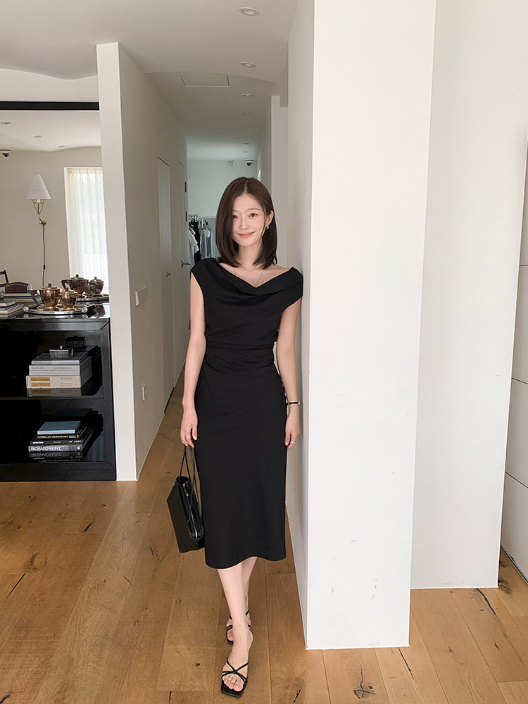 兩穿設計法式浪漫垂墜感一字領連身長裙