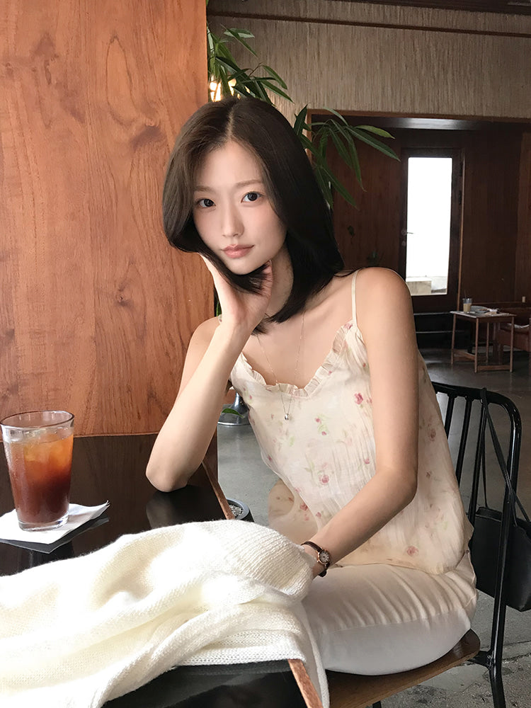 清爽渡假風可調式細肩帶垂墜無袖上衣