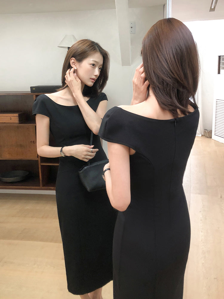 都會優雅U領小蓋袖修身連身長裙