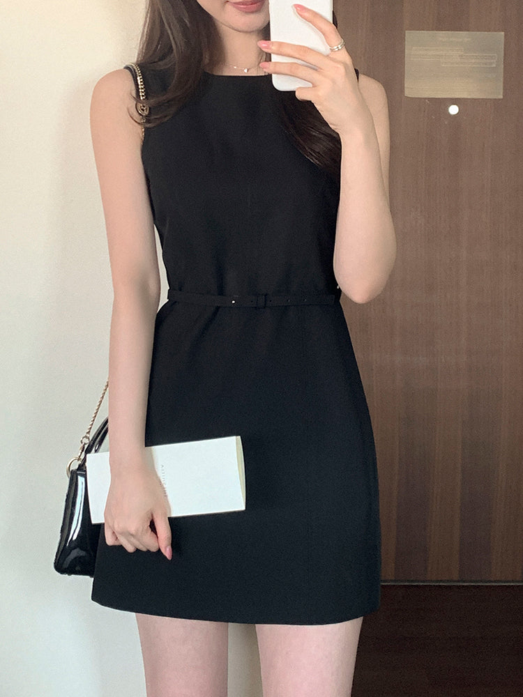 都會優雅知性圓領附腰帶修身連身短裙