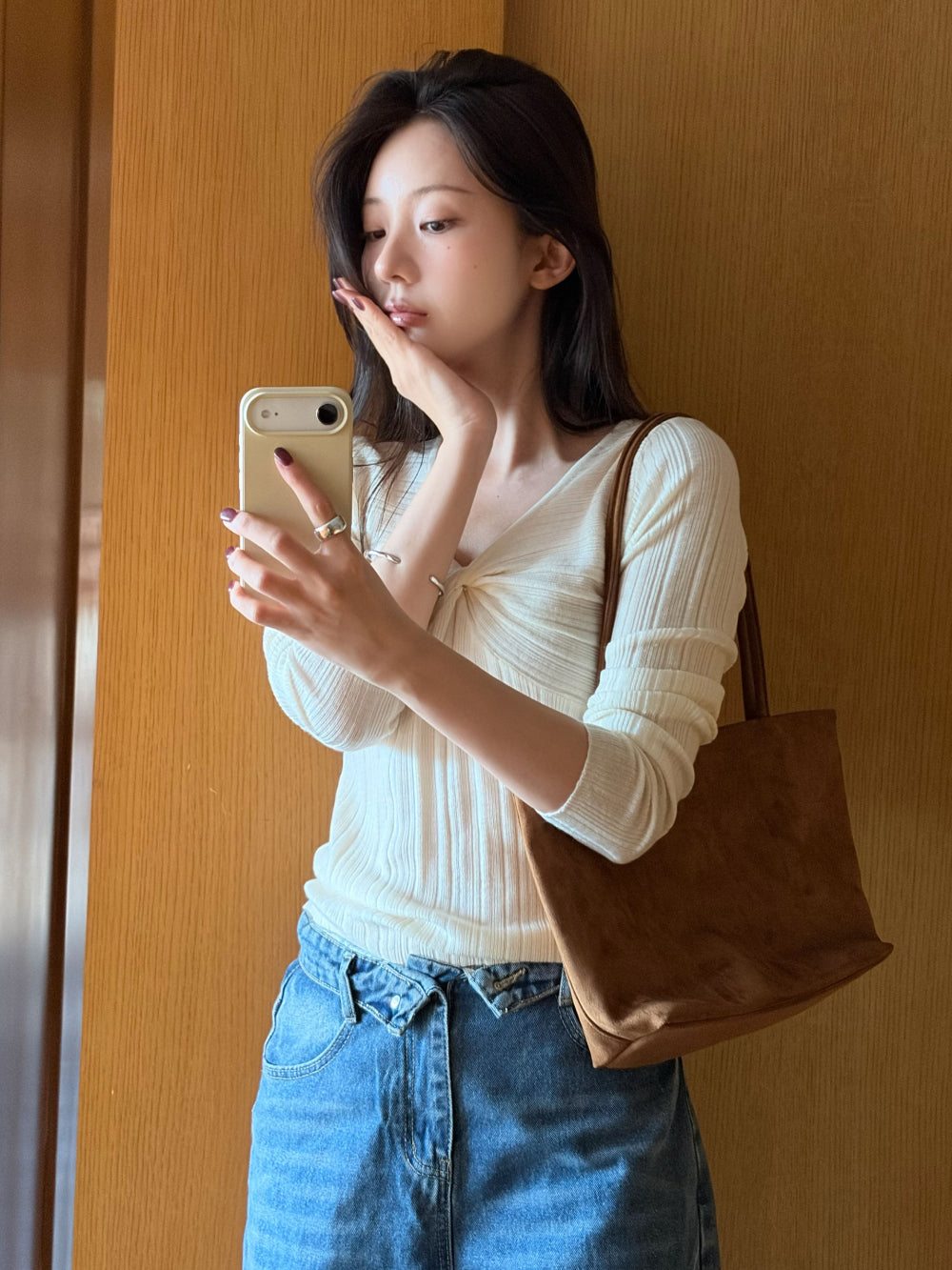 溫柔知性交叉扭結修身坑條針織衫-2