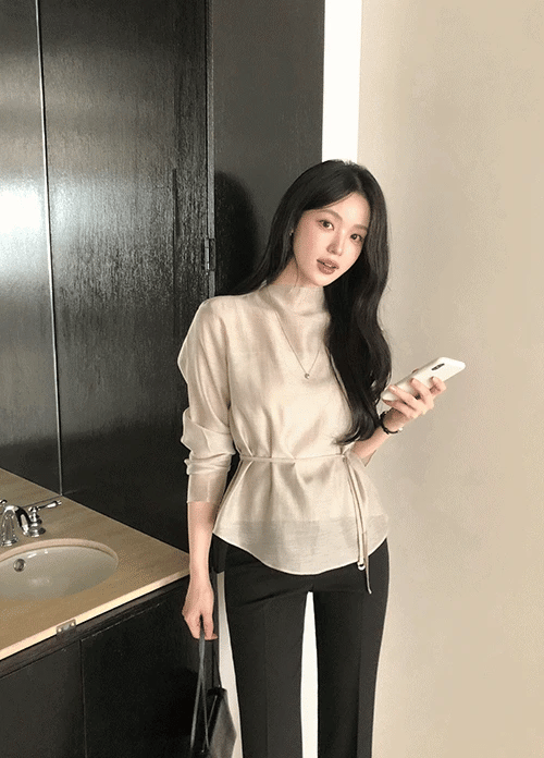 知性微高領天絲亞麻襯衫兩件套