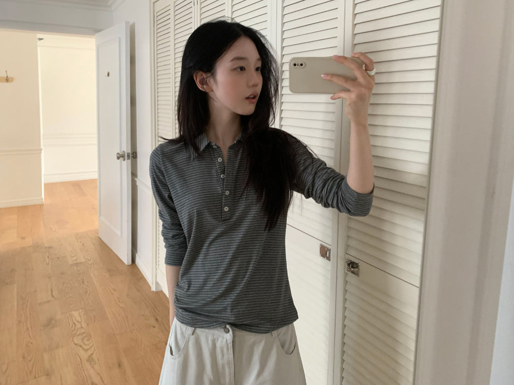 簡約知性柔彈天絲微修身條紋翻領上衣