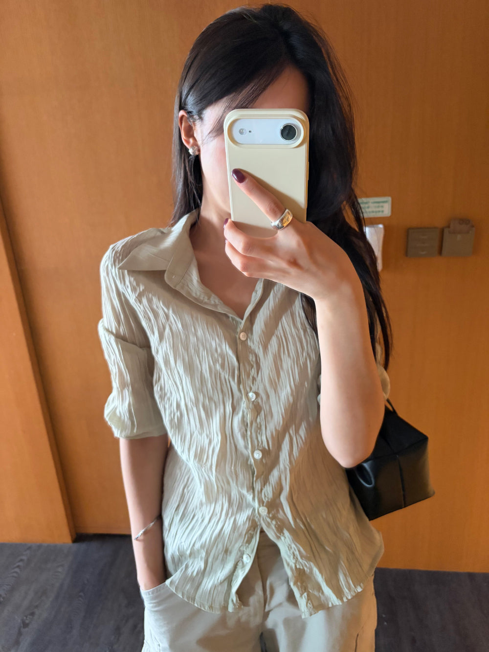 復古自然微皺七分袖襯衫