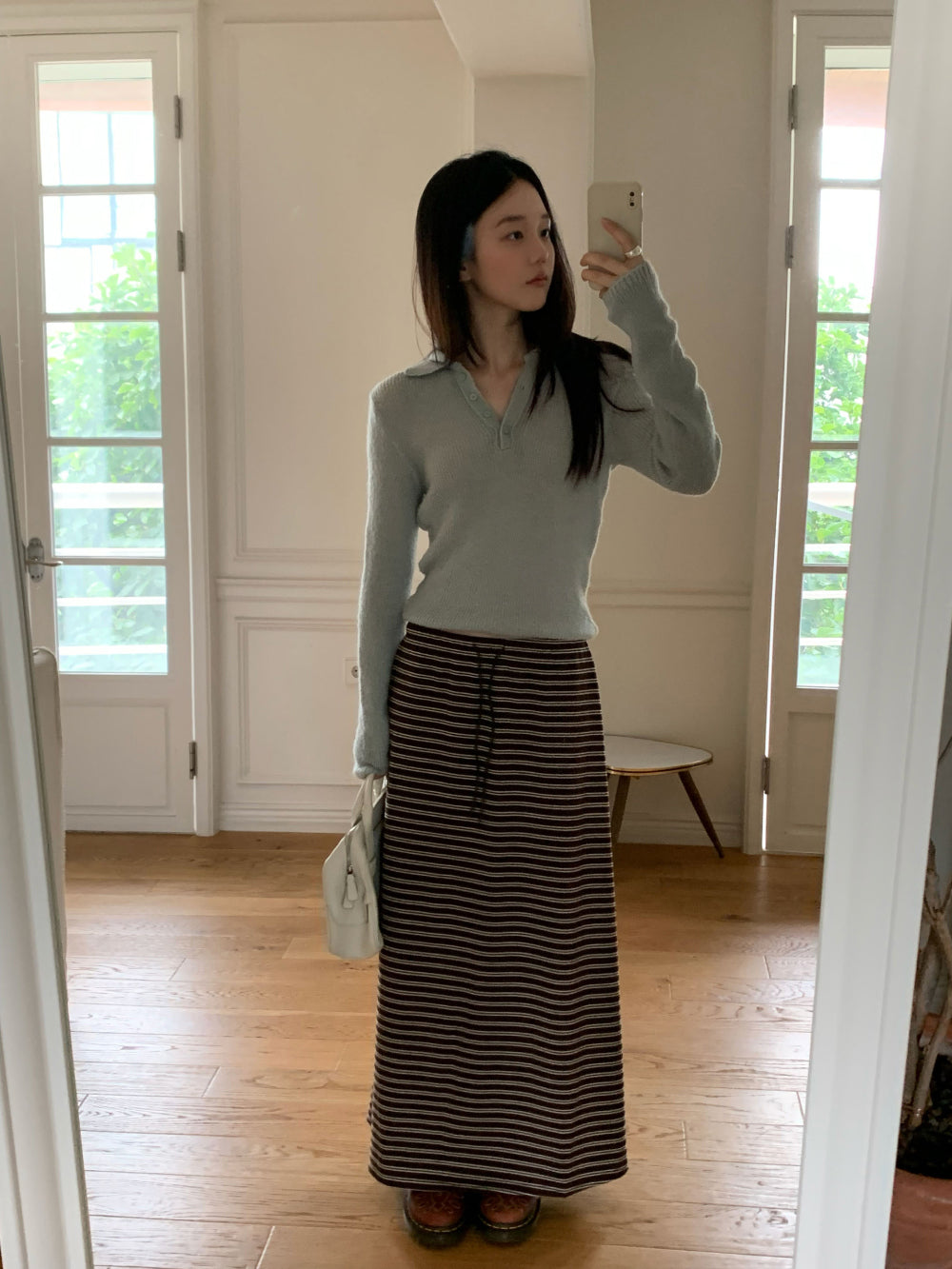 復古經典細條紋後開衩長裙-31