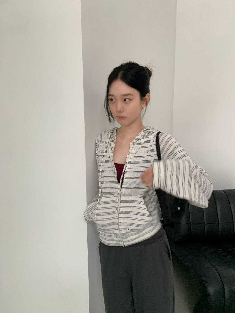 復古條紋混棉微短版連帽外套-3
