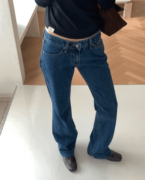 率性復古低腰微喇丹寧長褲