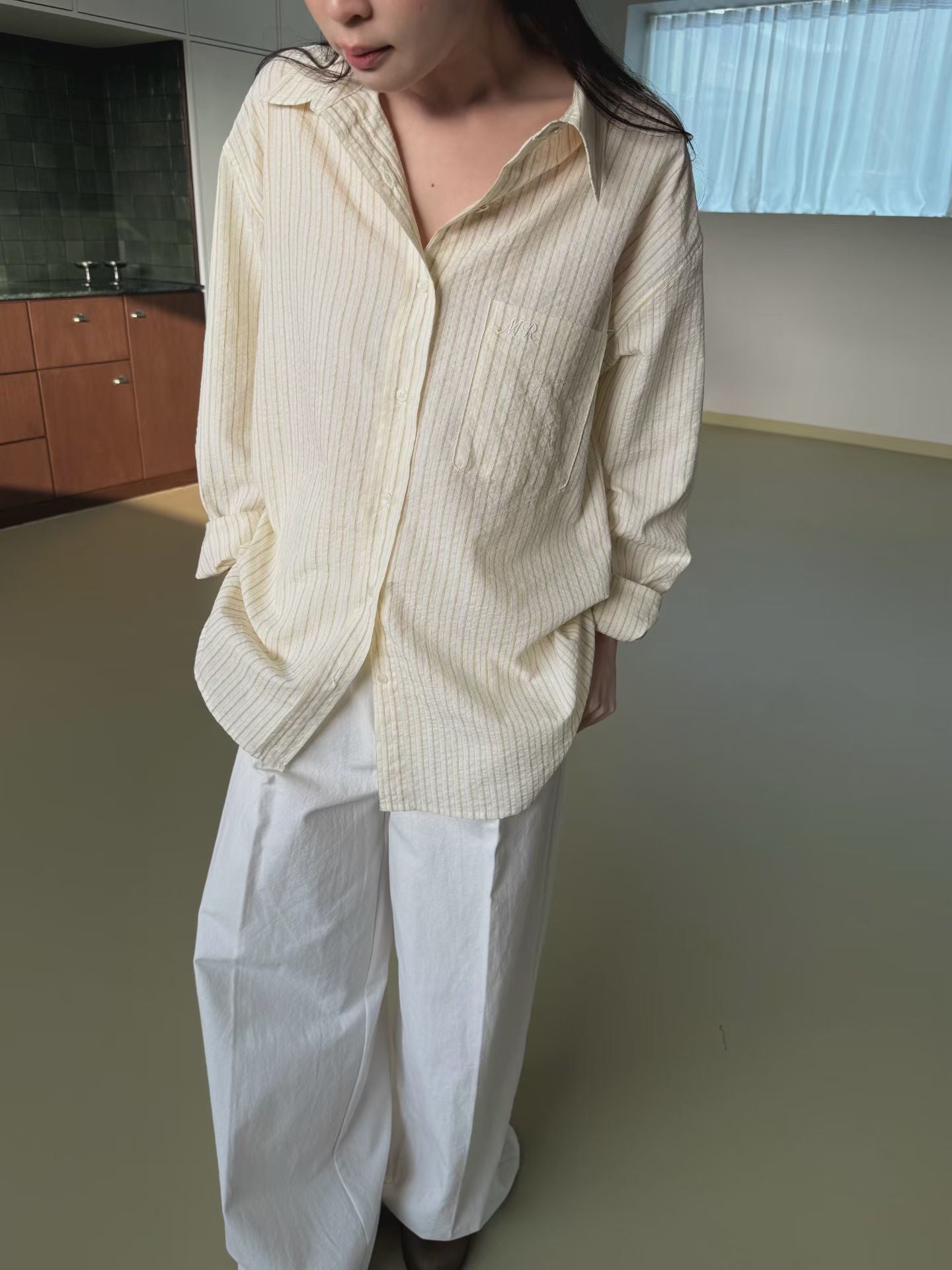 法式寬鬆百搭細條紋薄款男友襯衫-4