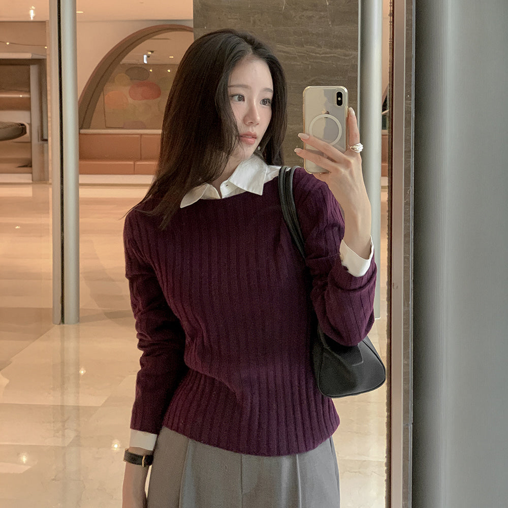 優雅一字領細坑條針織衫