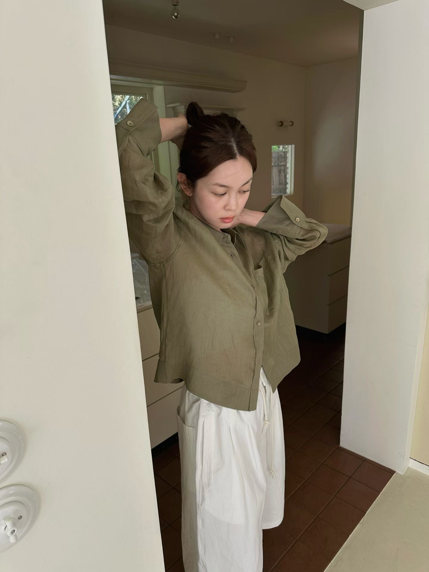 質感多色亞麻輕薄透視感防曬襯衣-5