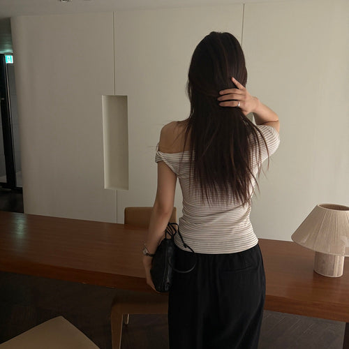 法式簡約細條紋扭結斜肩修身蓋袖上衣