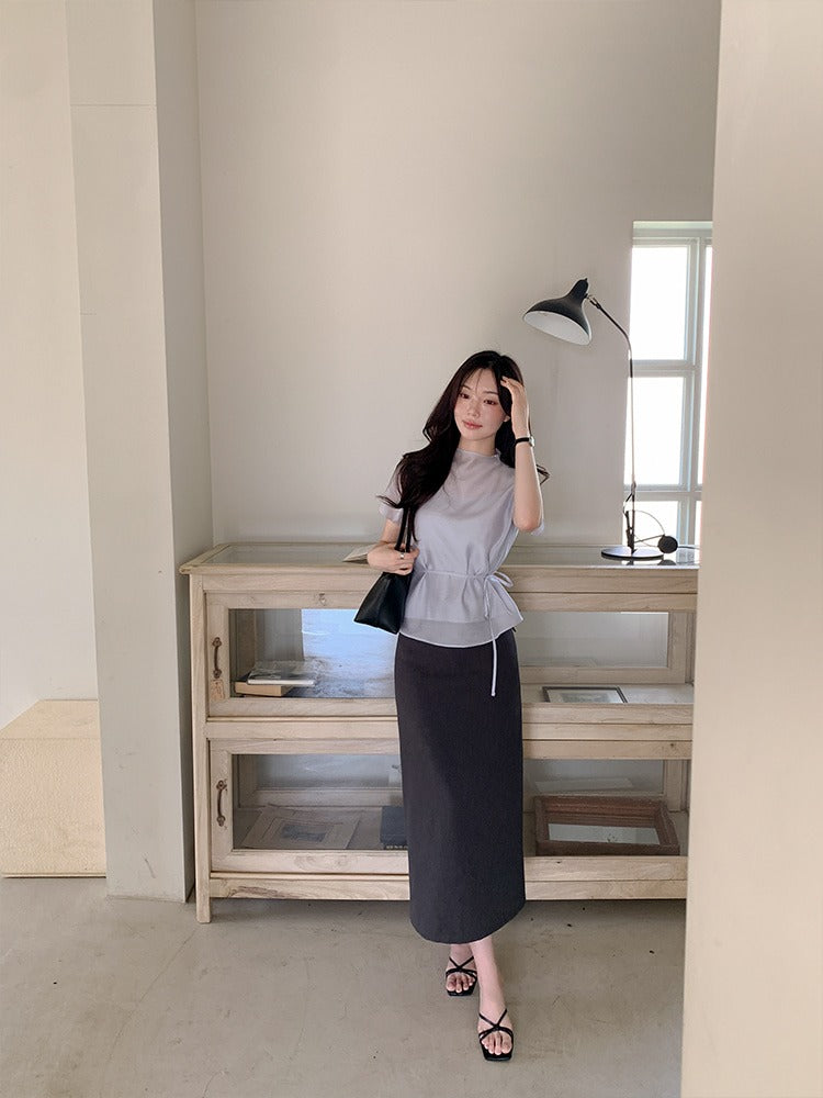 溫柔風微立領側綁帶顯瘦短袖罩衫