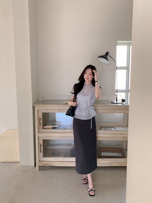 溫柔風微立領側綁帶顯瘦短袖罩衫
