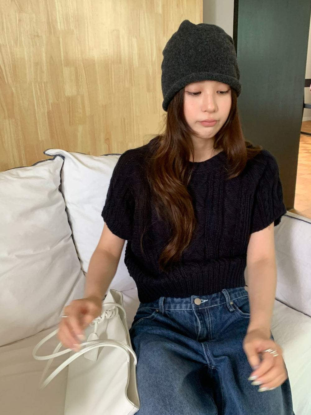 經典立體麻花短版五分袖針織衫