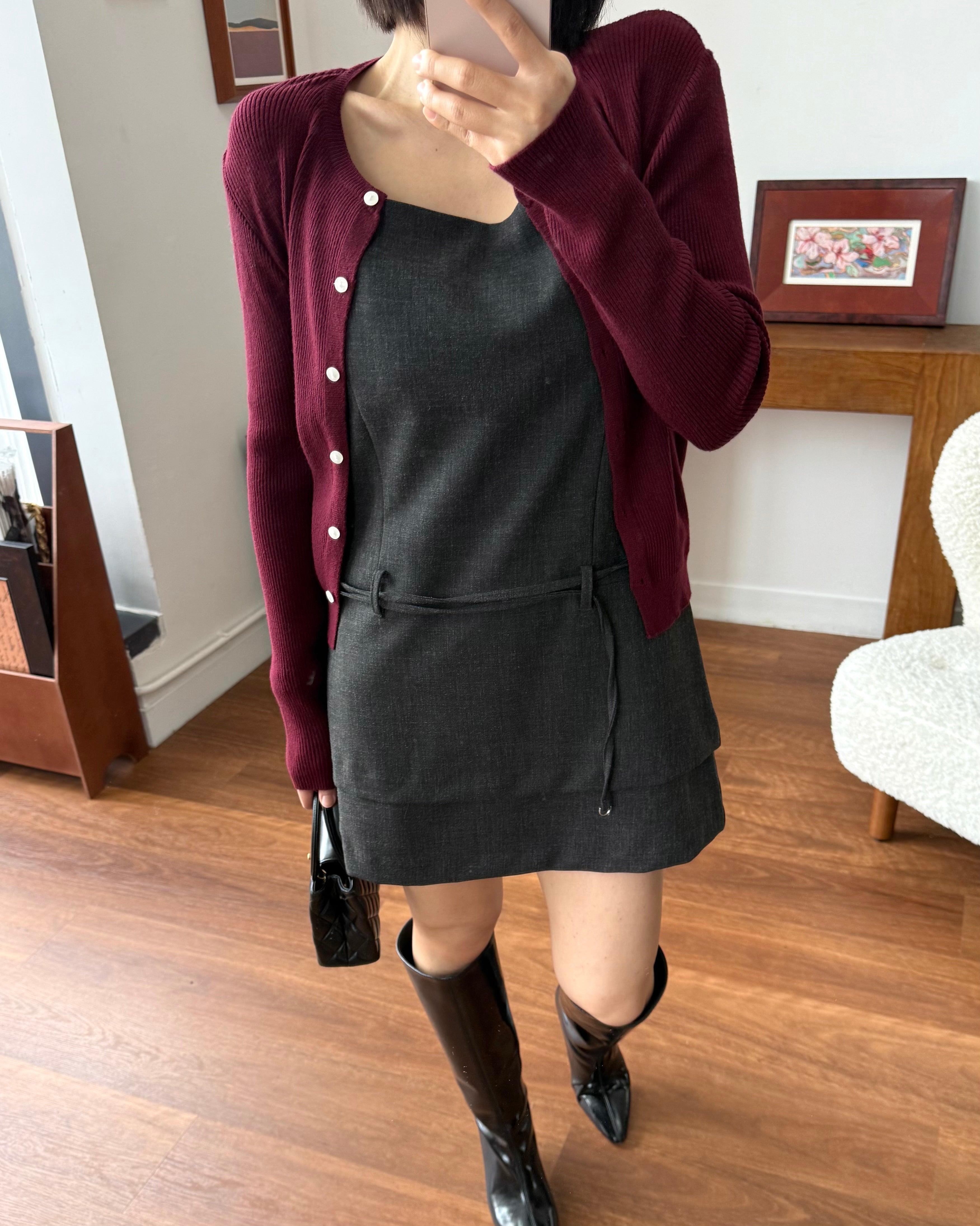 雙層下擺配腰帶吊帶連衣裙