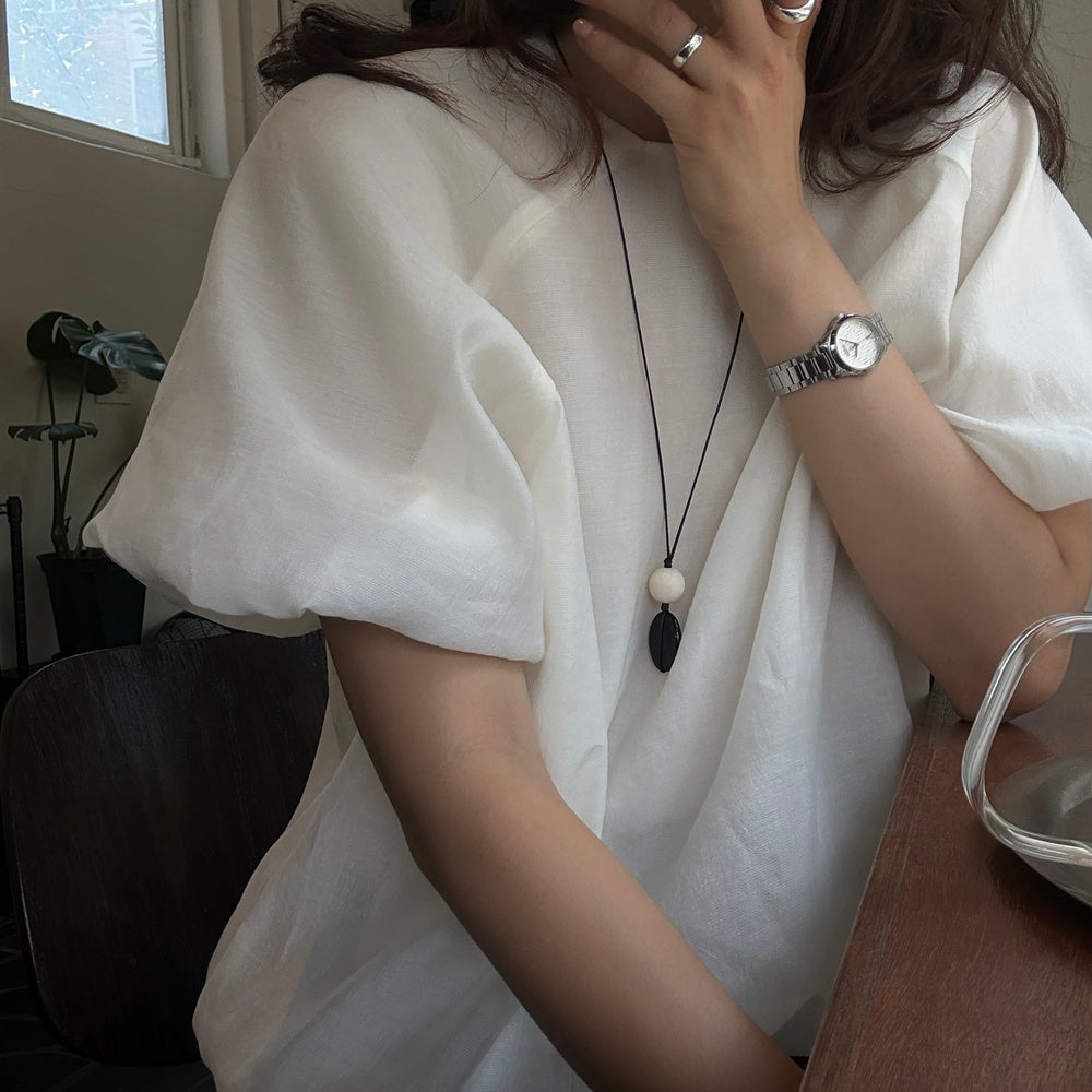 優雅輕盈澎袖抓褶束口短袖襯衫