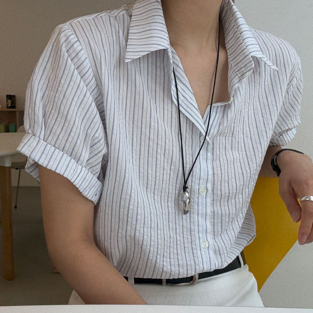 清爽知性細條紋反摺袖棉質襯衫