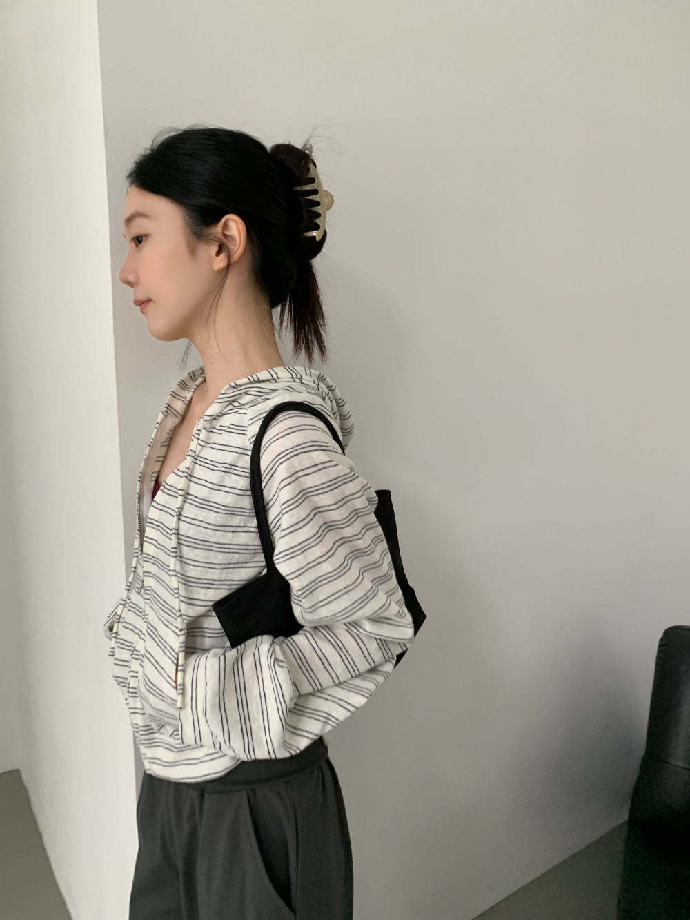 復古條紋混棉微短版連帽外套