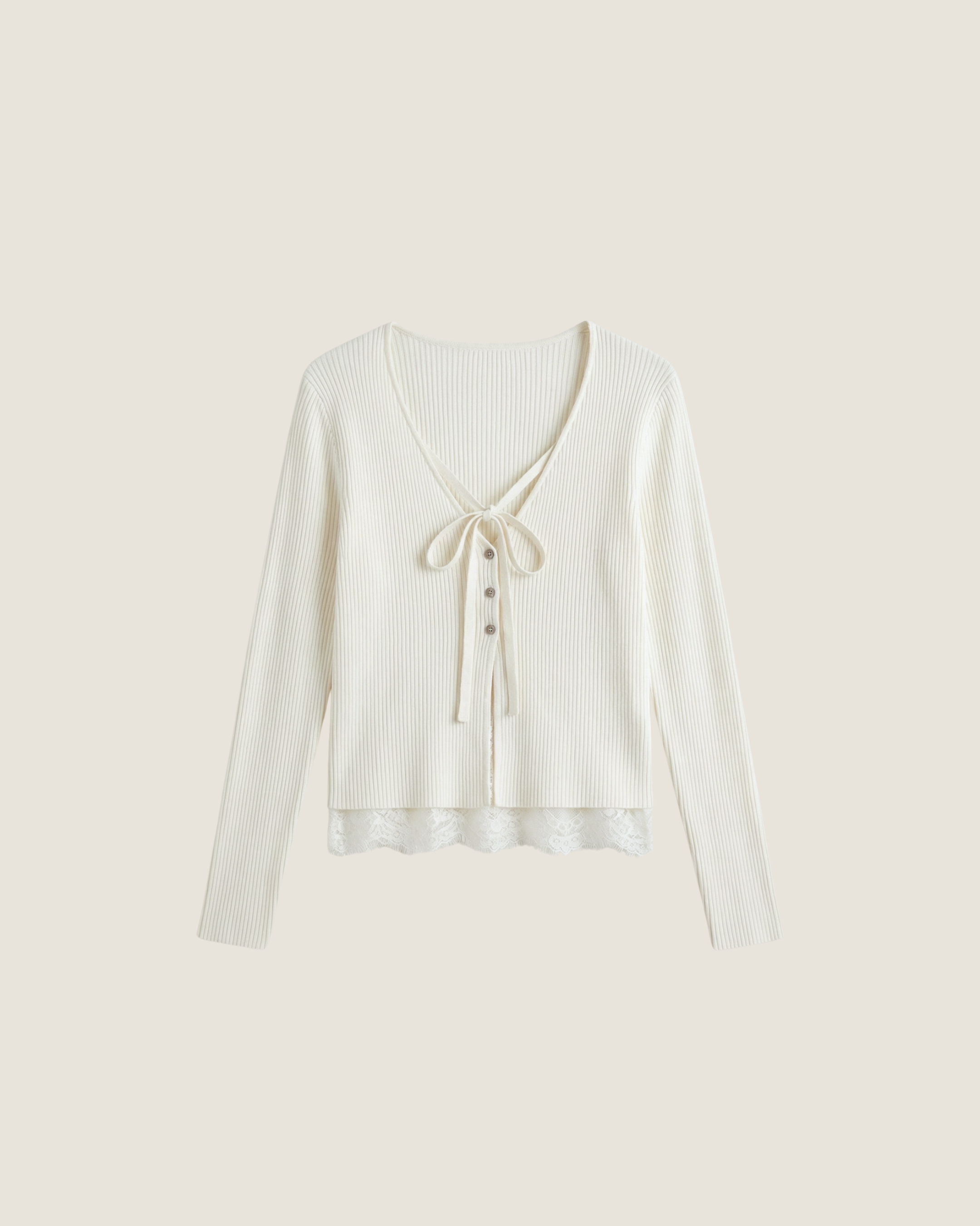 假兩件蕾絲內搭綁帶針織上衣 Lace‑Trim Bow Tie Knit Top