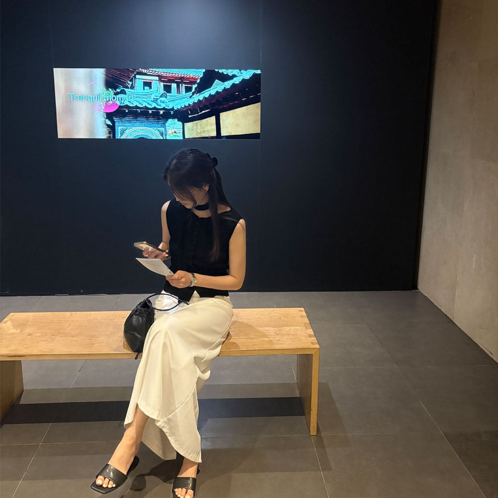 簡約優雅棉質坑條修身無袖針織背心-2