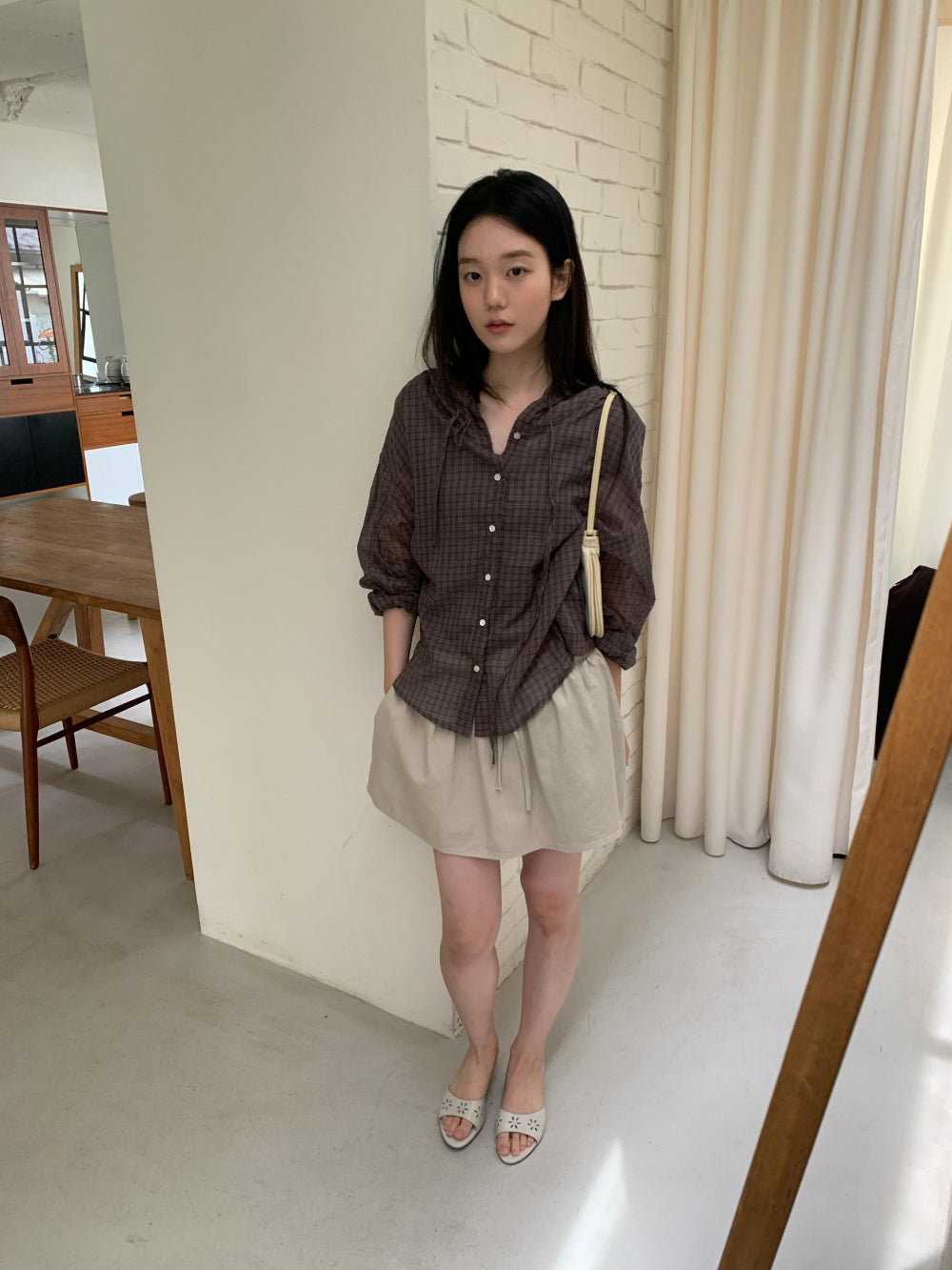 復古輕透純棉寬鬆格紋連帽襯衫