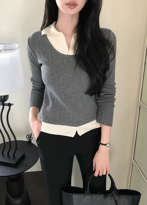 簡約知性撞色假兩件坑條針織上衣