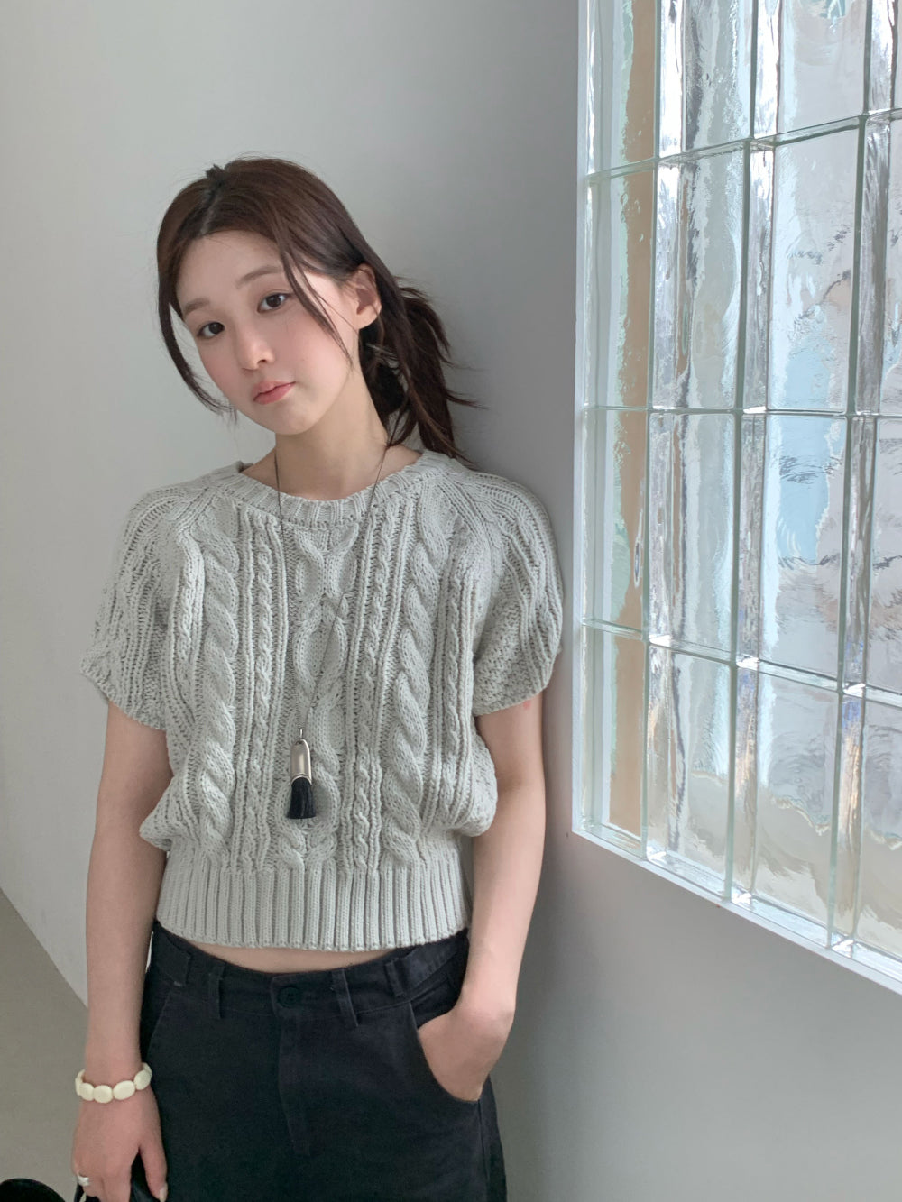經典立體麻花短版五分袖針織衫