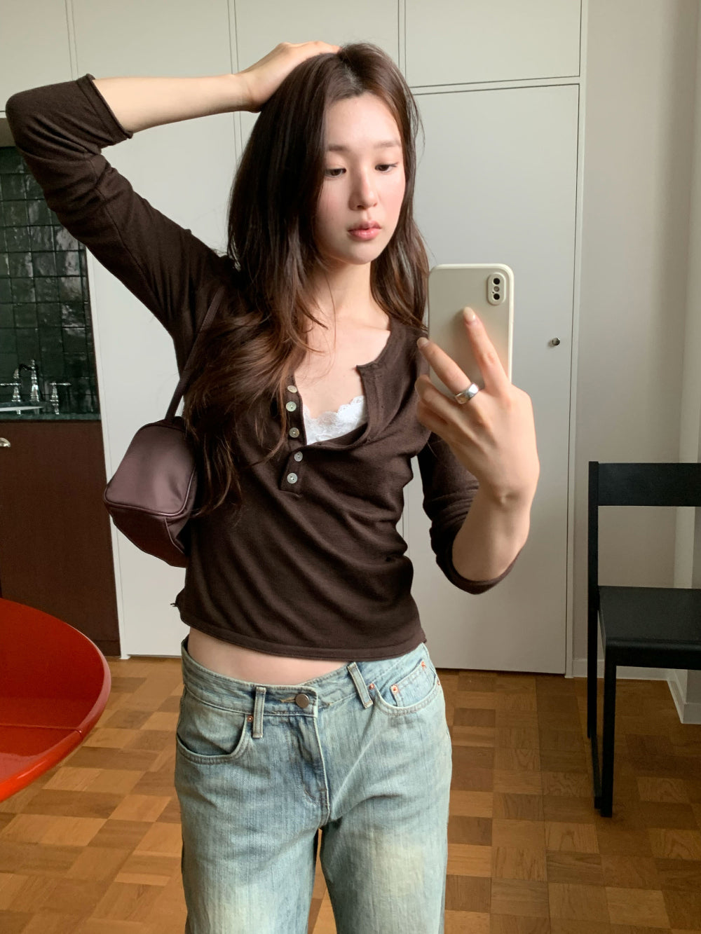 復古水洗低腰微喇丹寧長褲
