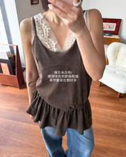 緞面蕾絲拼接背心 Satin Lace Trim Cami Top