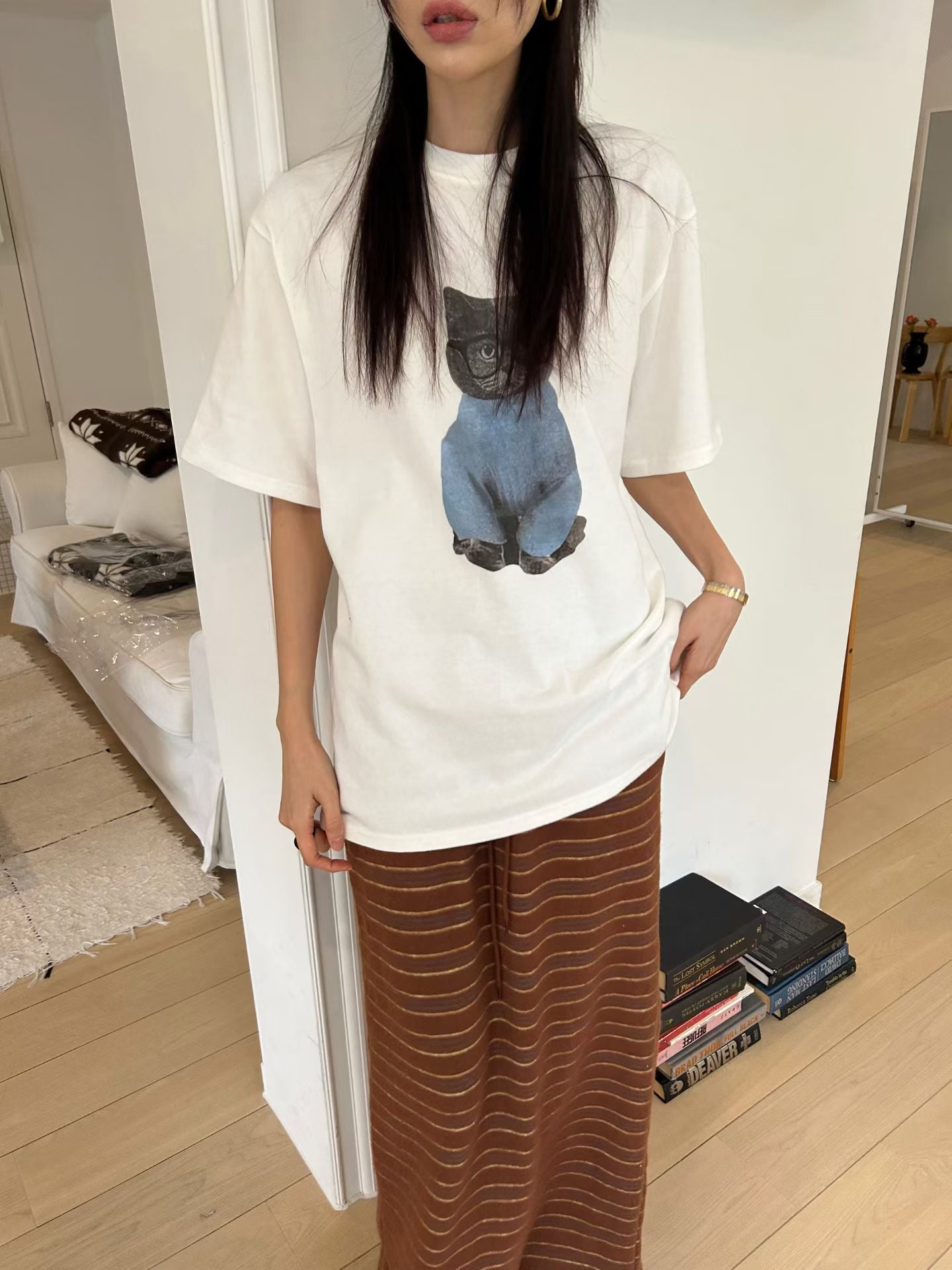 眼鏡小貓印花短袖T恤 Cat With Glasses Graphic T‑Shirt