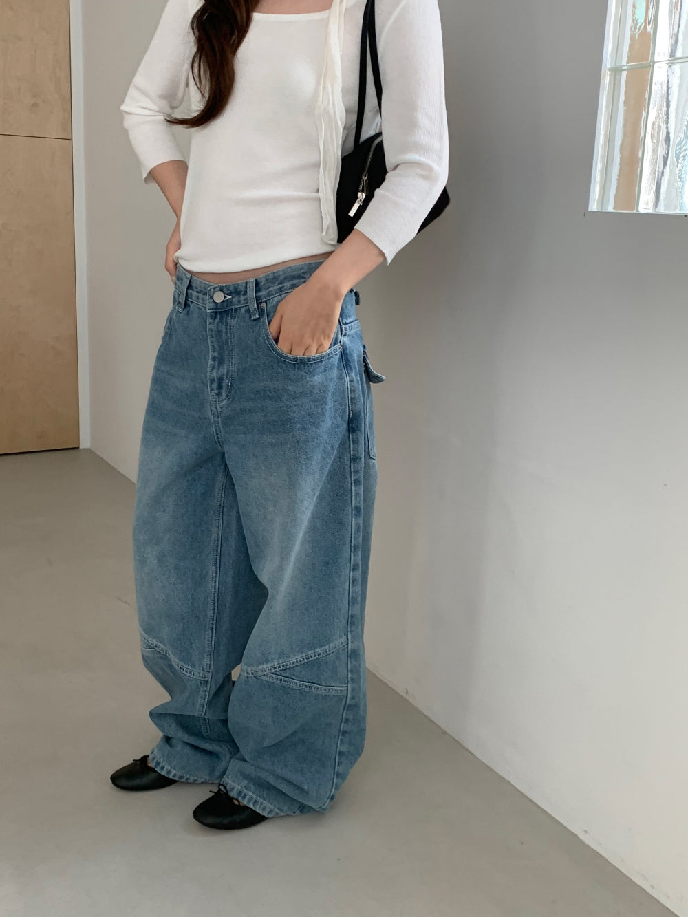 復古水洗立體剪裁寬版丹寧落地褲