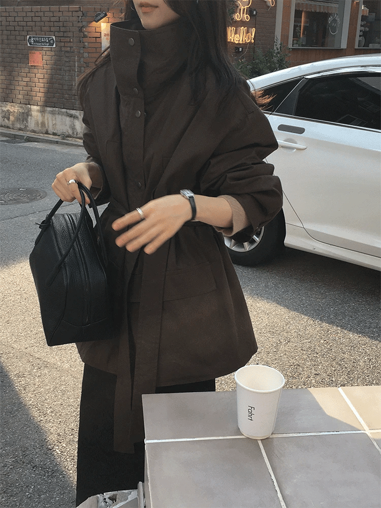 率性立領綁帶中長版工裝風衣外套