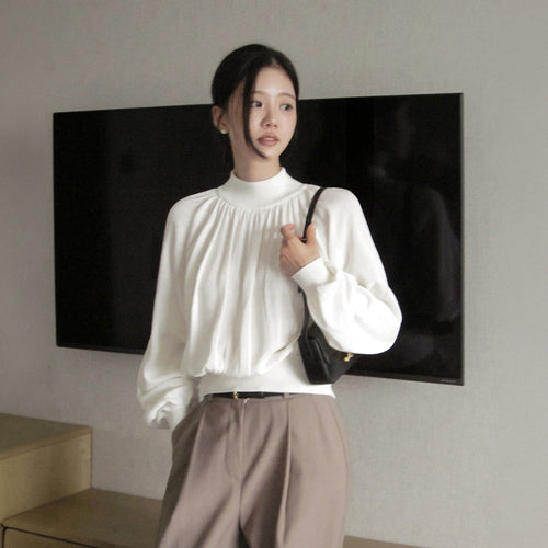 溫柔優雅領口抓褶連肩針織衫