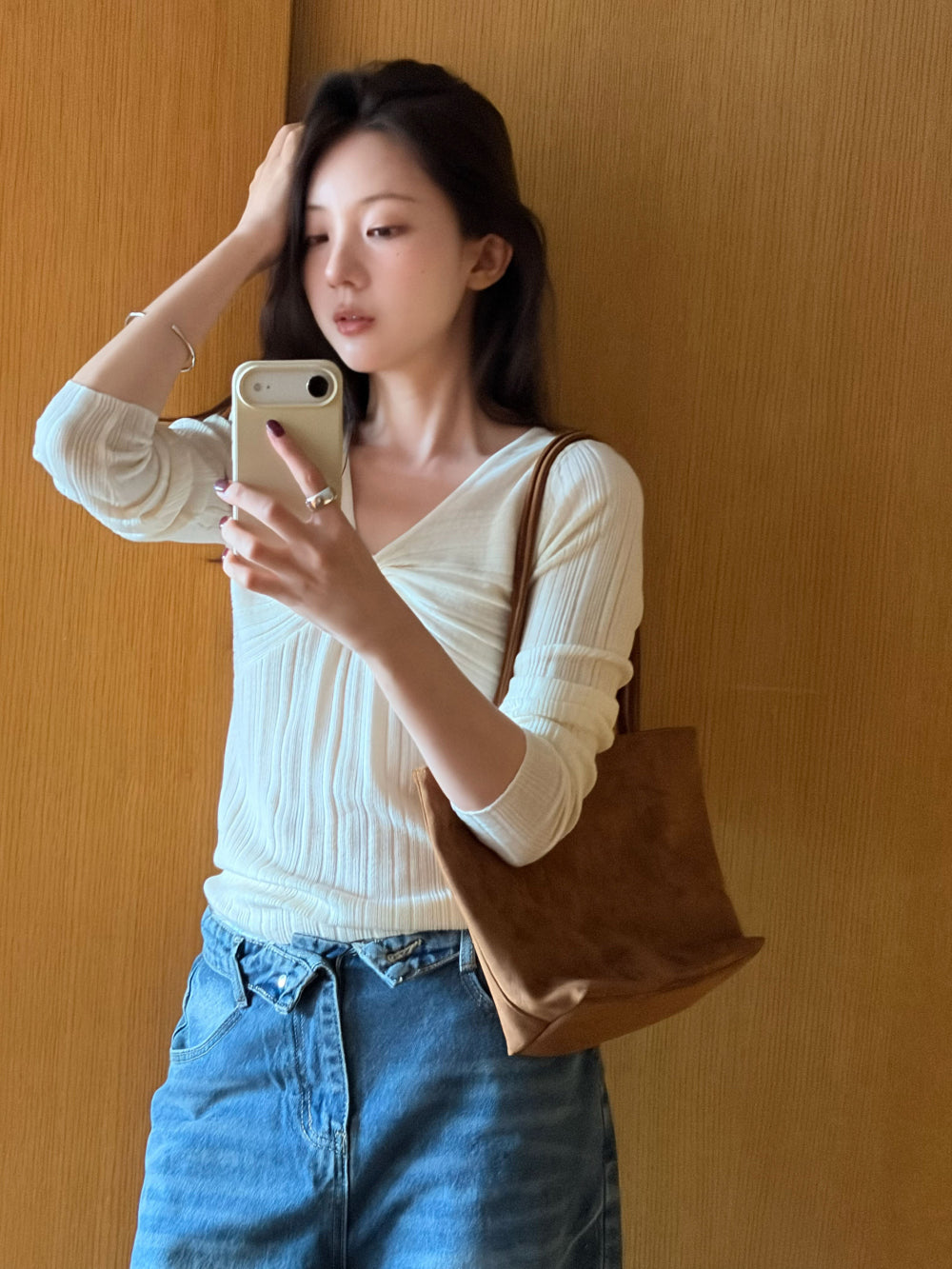 溫柔知性交叉扭結修身坑條針織衫