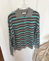 Wool 100%撞色條紋針織Polo衫 Wool 100% Color-Block Striped Knit Polo Sweater