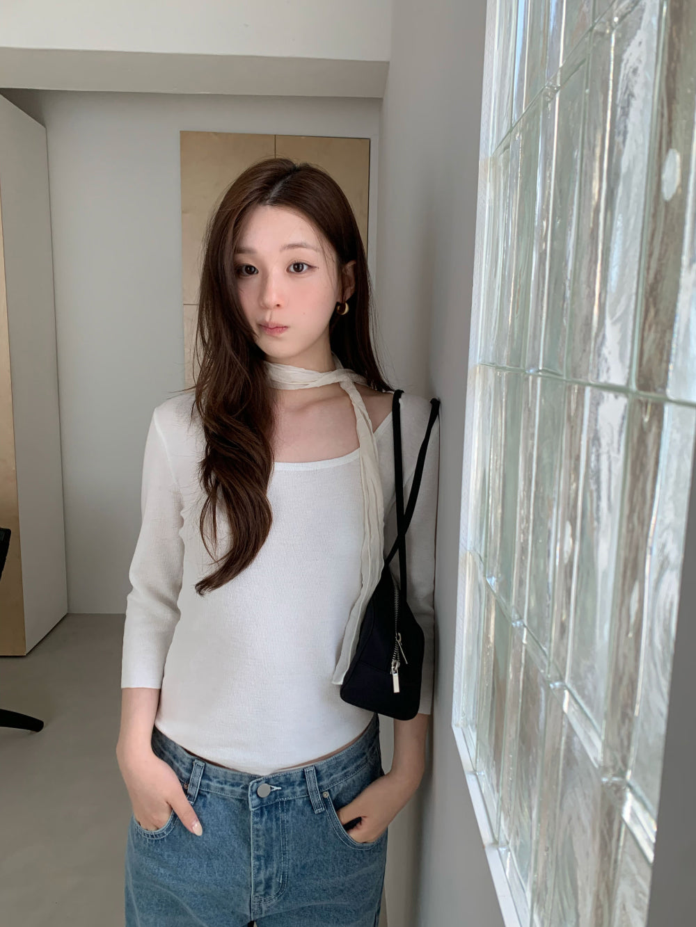 溫柔知性大圓領附圍巾修身七分袖針織衫-31