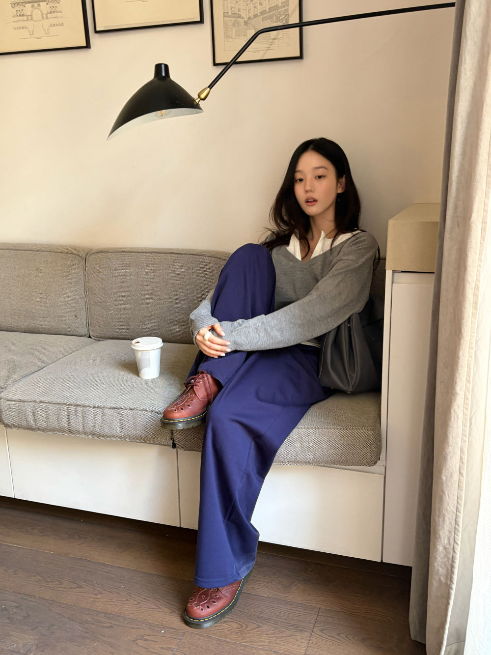 慵懶隨性蕾絲拼接垂墜寬版休閒棉褲-32