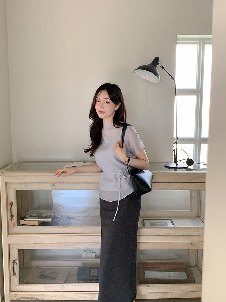 溫柔風微立領側綁帶顯瘦短袖罩衫