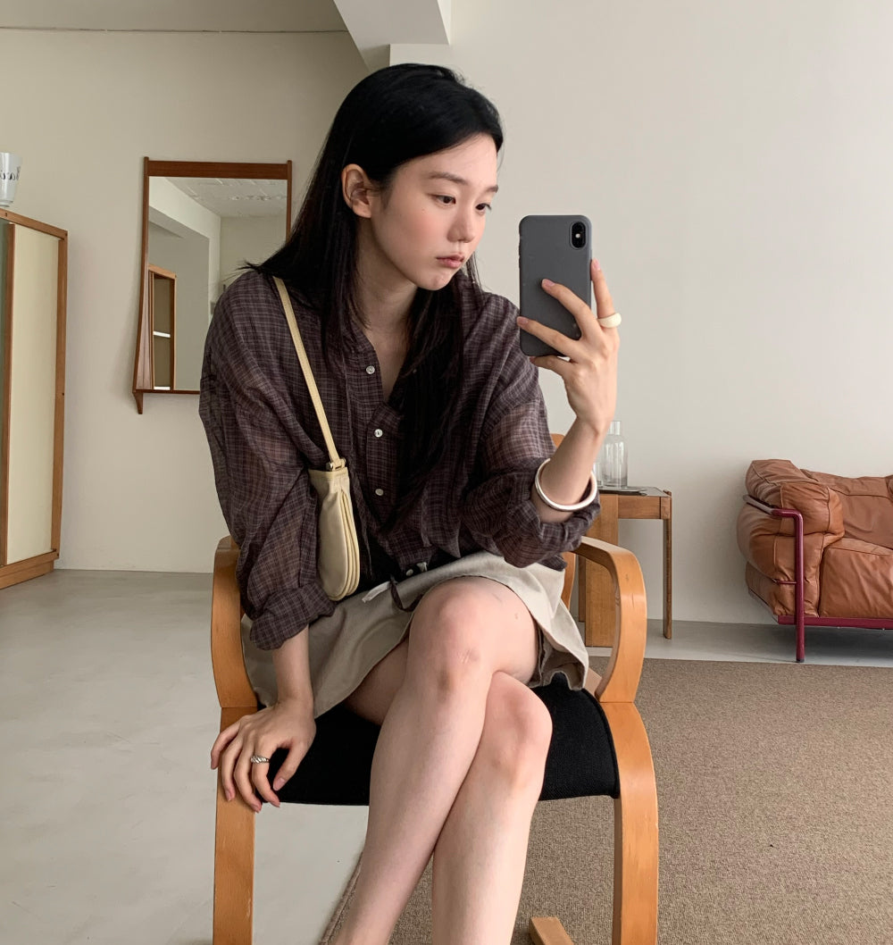 復古輕透純棉寬鬆格紋連帽襯衫