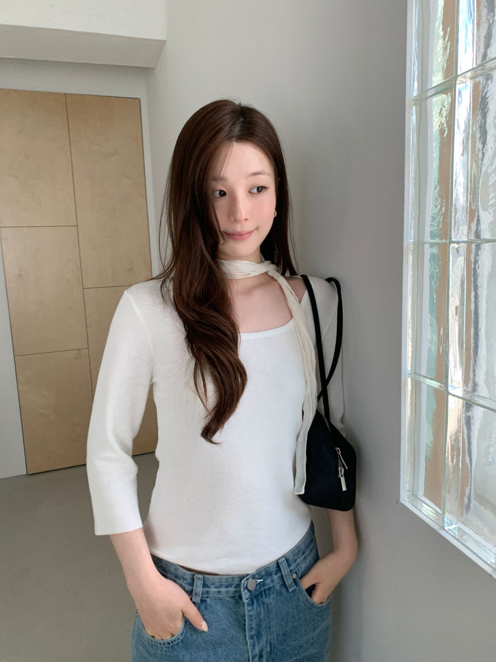 溫柔知性大圓領附圍巾修身七分袖針織衫