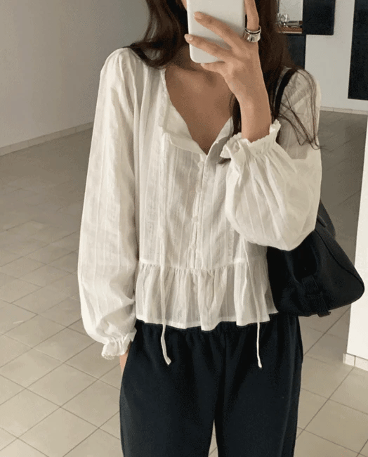 優雅純棉蕾絲抓皺襯衫