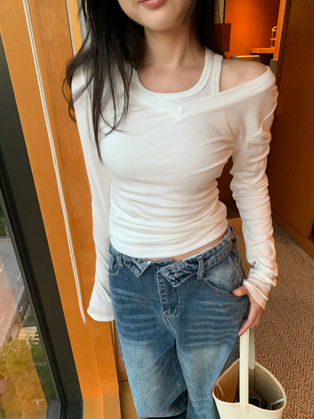 簡約隨性深V領修身彈力棉長袖背心兩件套