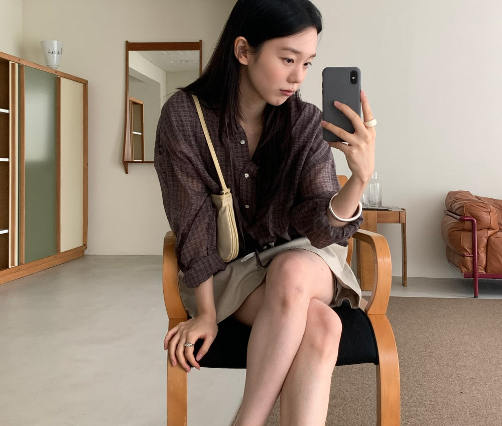 復古輕透純棉寬鬆格紋連帽襯衫-13